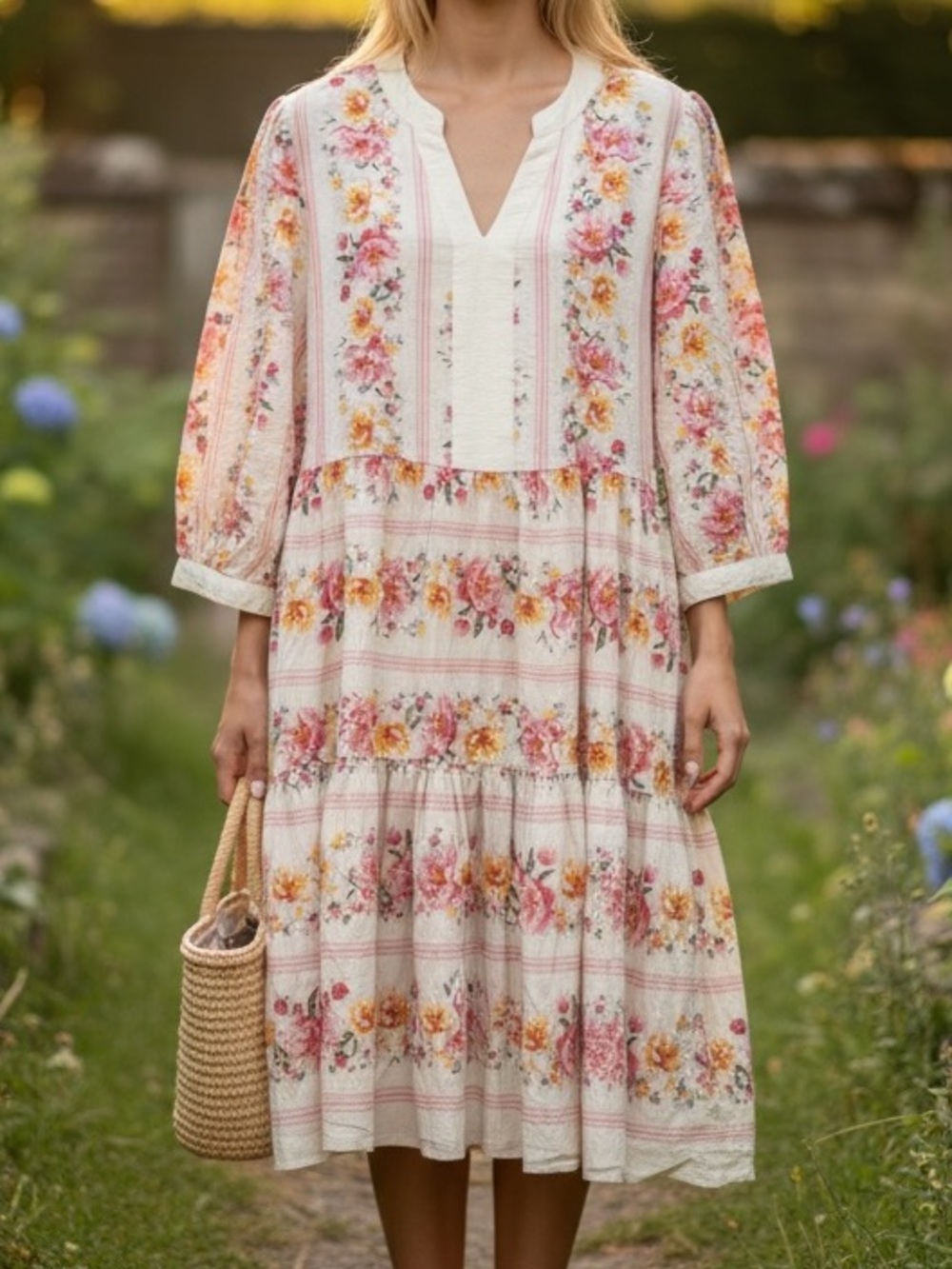 Anthropologie Fig & Flower 3/4 Sleeve Tiered Midi Dress Peasant Floral L